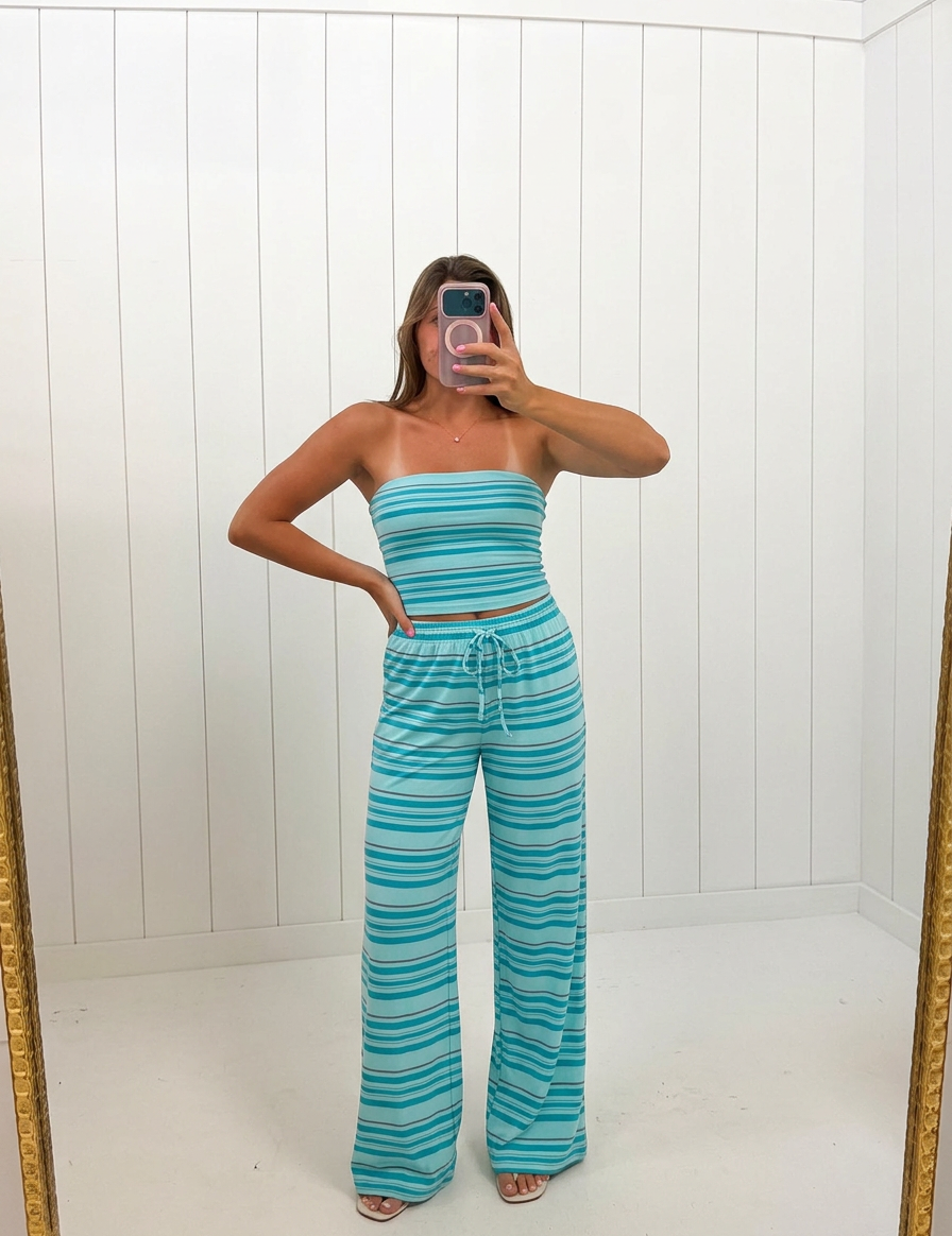 AI-assisted FASHN try-on of Blue Striped Tube Top and Pants Set on boutique owner.