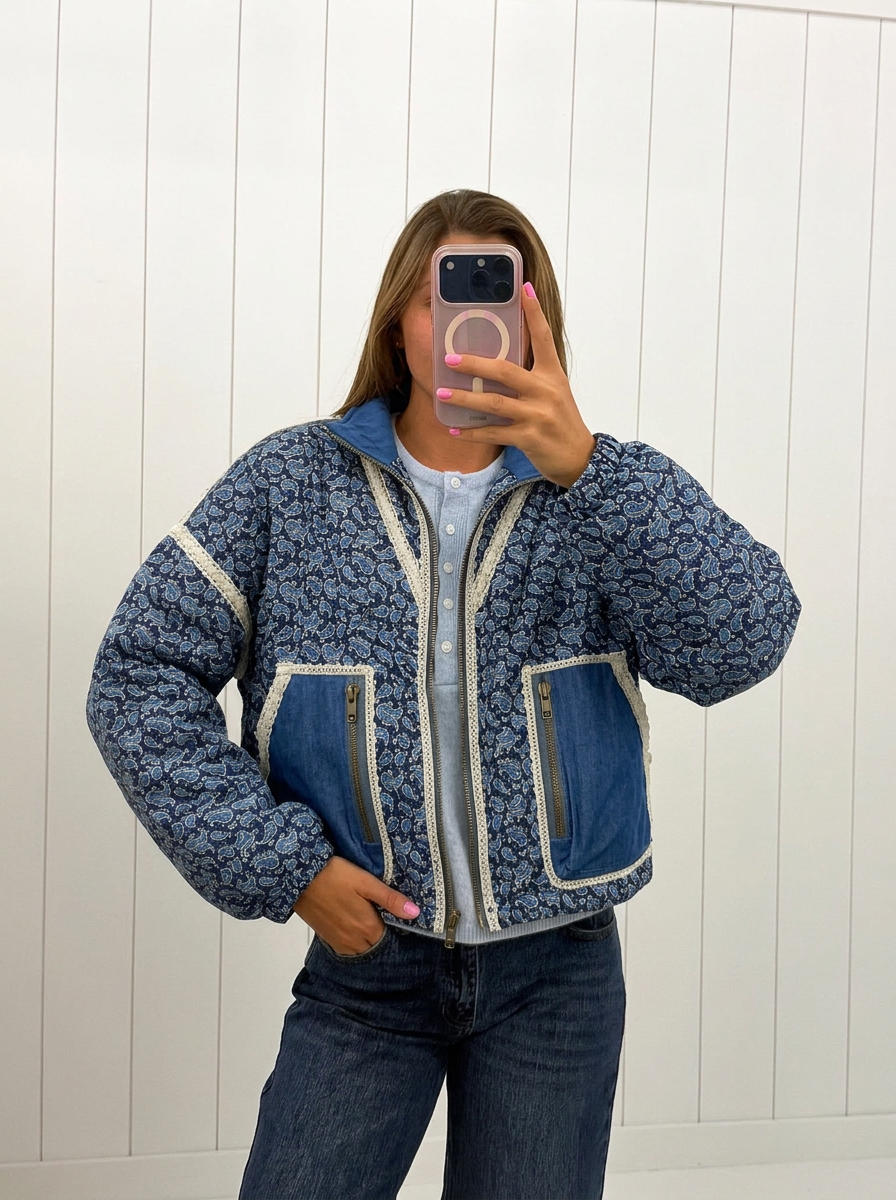 AI-assisted FASHN try-on of Blue Paisley Reversible Jacket on boutique owner.