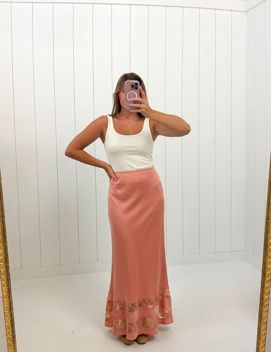 AI-assisted FASHN try-on of Coral Satin Lace Maxi Skirt on boutique owner.
