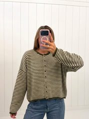 Green Striped Drop Shoulder Knit Cardigan