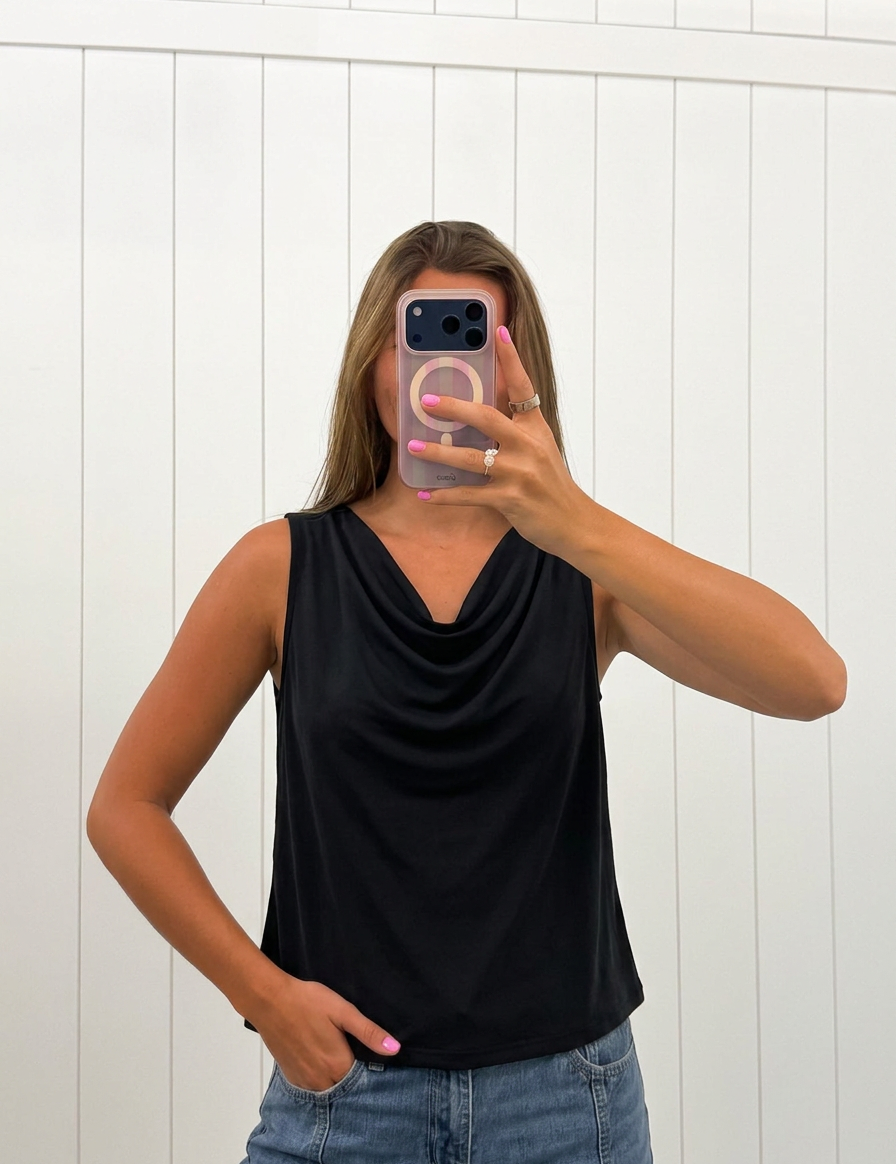 AI-assisted FASHN try-on of Black Sleeveless Cowl Neck Top on boutique owner; approved September 24, 2026 redo using IMG_5188.jpeg.