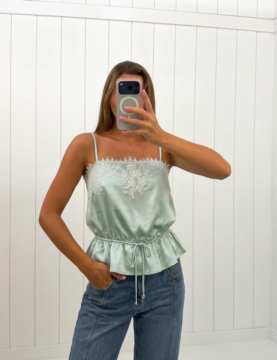 AI-assisted FASHN try-on of Mint Satin Peplum Top on boutique owner.