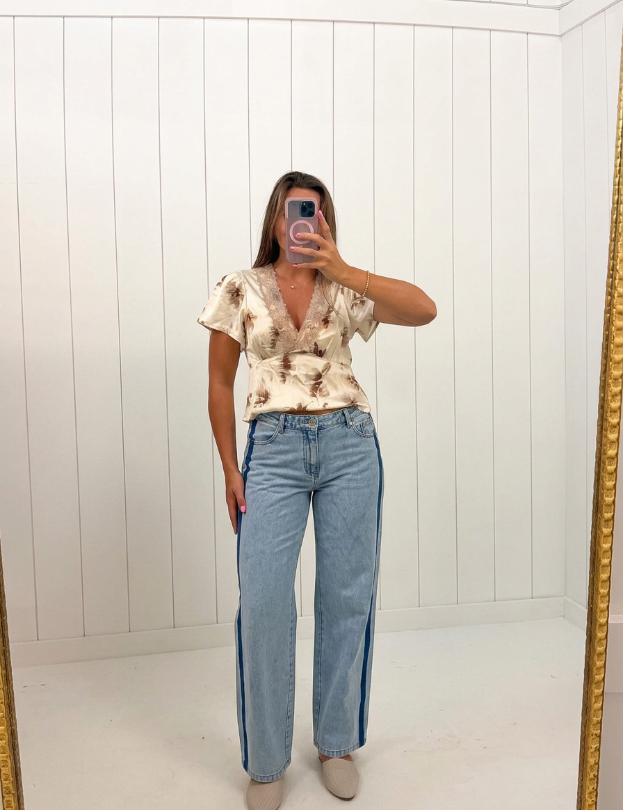 AI-assisted FASHN try-on of Side Stripe Washed Low Rise Jeans on boutique owner.