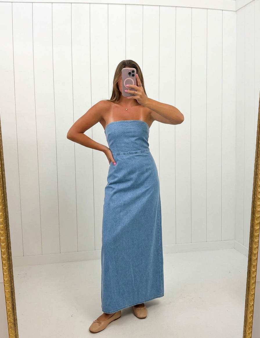 AI-assisted FASHN try-on of Blue Denim Maxi Dress on boutique owner; approved September 24, 2026 redo using IMG_5194.jpeg.