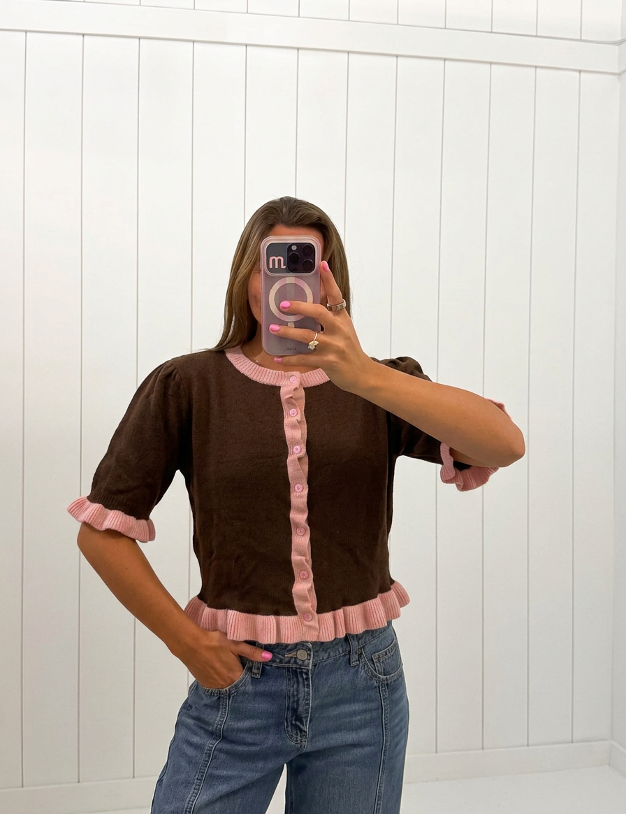 Brown & Pink Ruffle Button Down Cardigan