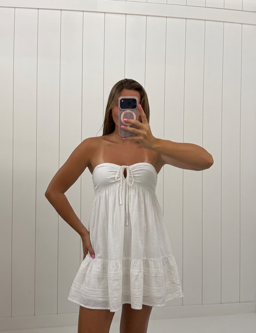 AI-assisted FASHN try-on of White Lace Babydoll Mini Dress on boutique owner.