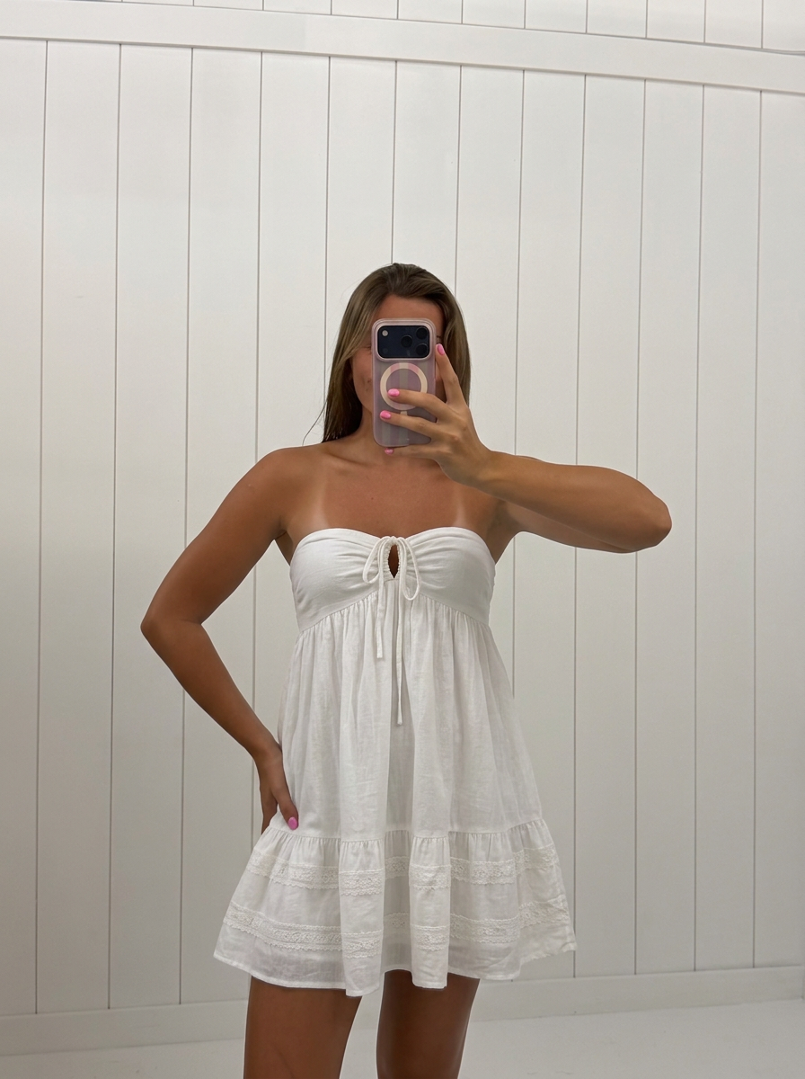 AI-assisted FASHN try-on of White Lace Babydoll Mini Dress on boutique owner.