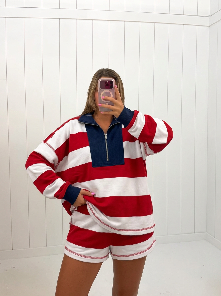 AI-assisted FASHN try-on of Red Striped Half Zip Set on boutique owner.