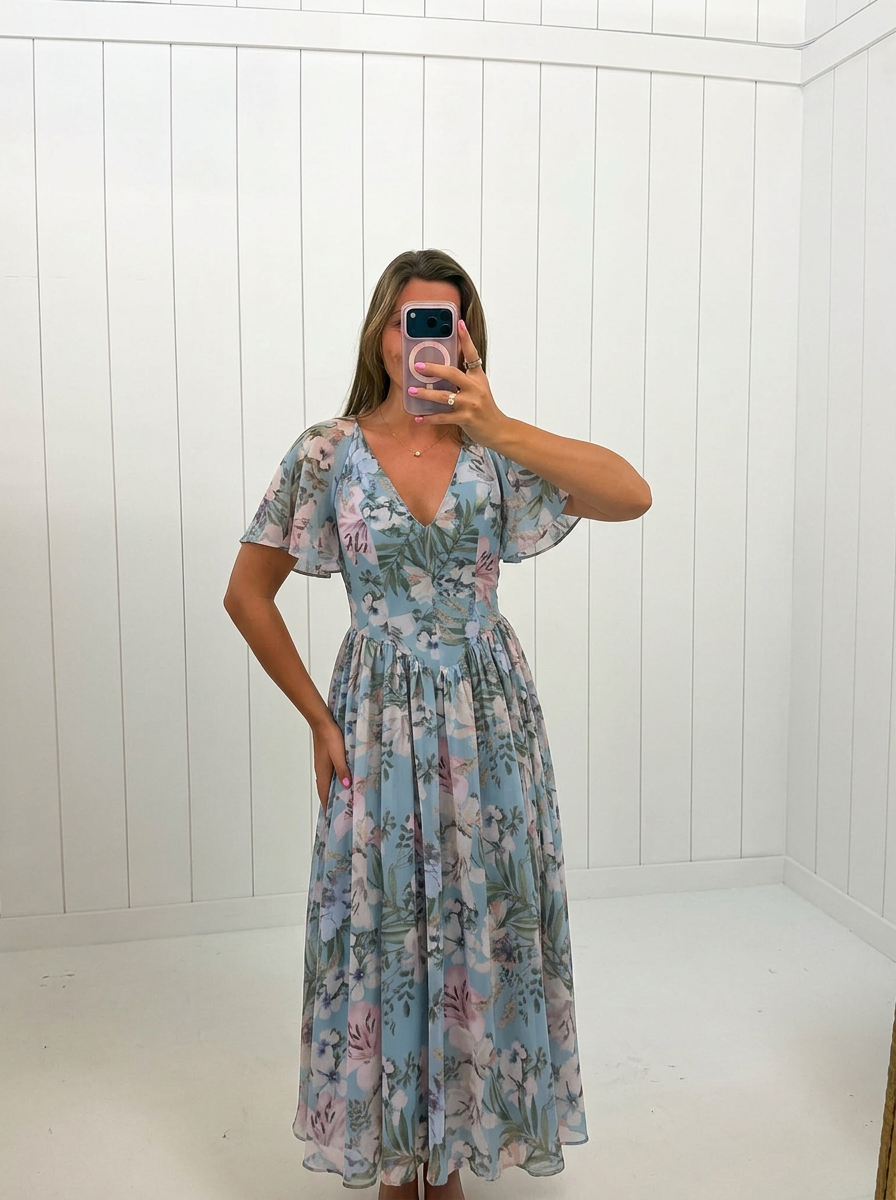 AI-assisted FASHN try-on of Blue Floral Midi Dress on boutique owner; approved September 24, 2026 redo using IMG_5204.jpeg.