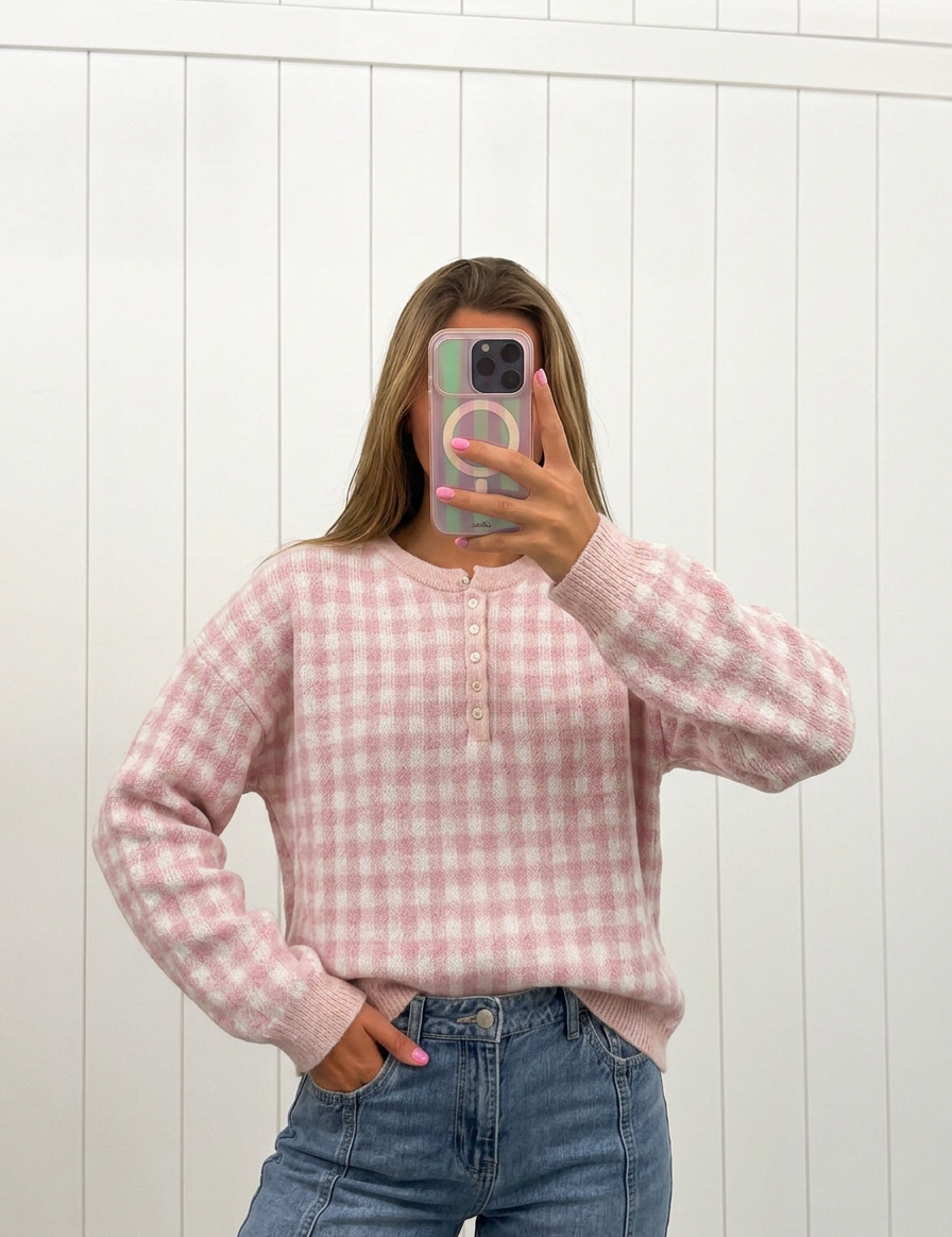 AI-assisted FASHN try-on of Pink Gingham Sweater on boutique owner; approved September 24, 2026 redo using IMG_5188.jpeg.