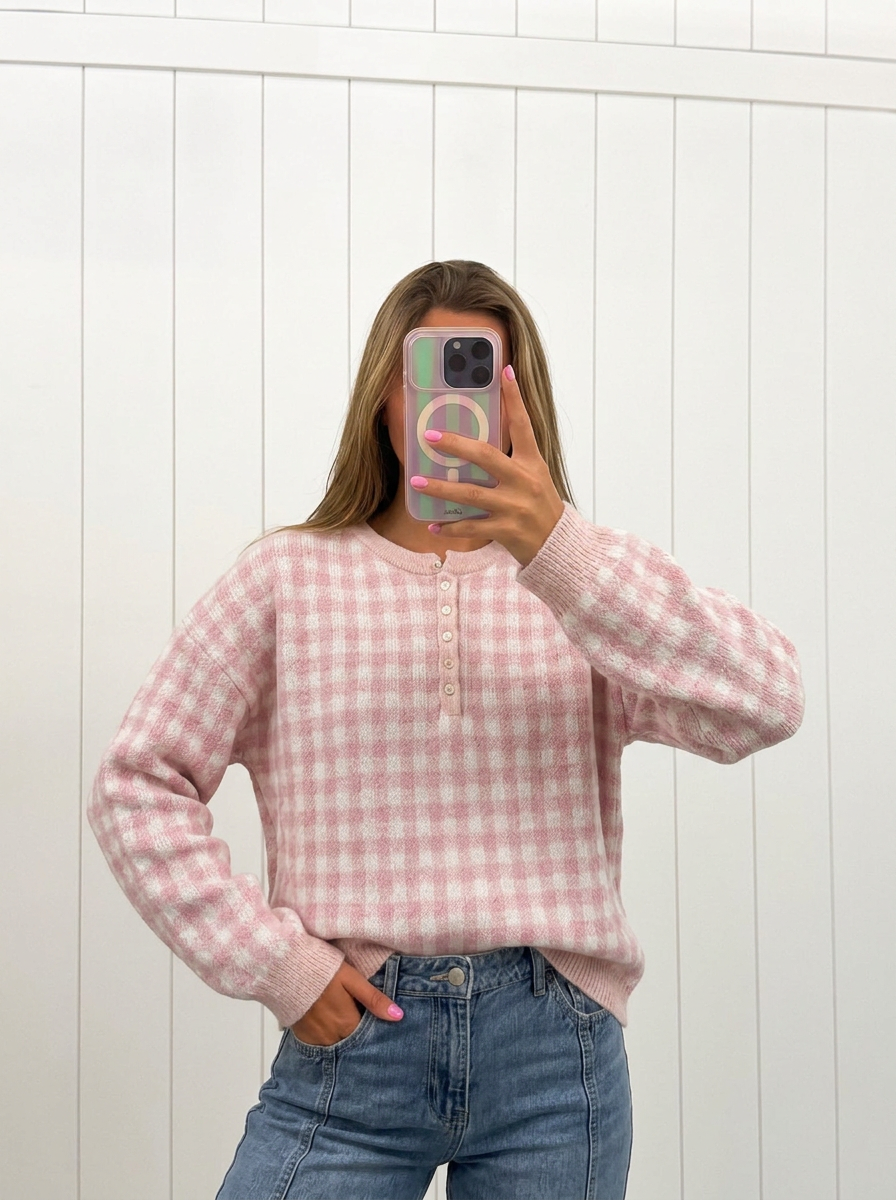 AI-assisted FASHN try-on of Pink Gingham Sweater on boutique owner; approved September 24, 2026 redo using IMG_5188.jpeg.