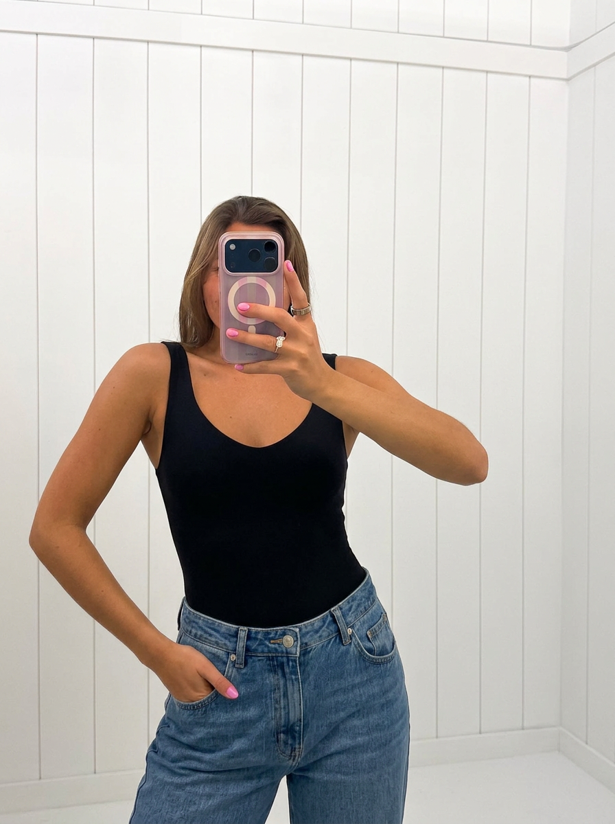 AI-assisted FASHN try-on of Black Bodysuit on boutique owner.
