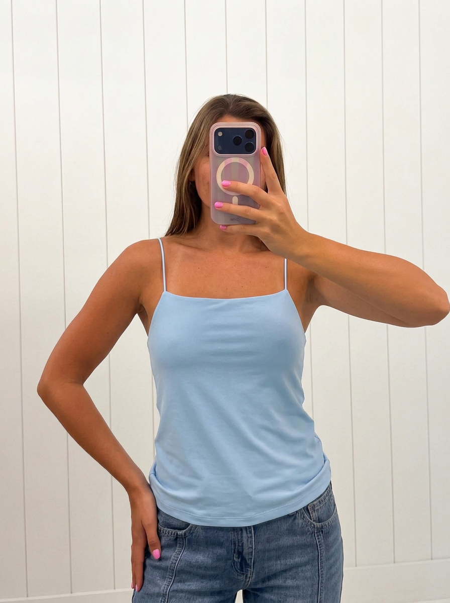 AI-assisted FASHN try-on of Blue V-Neck Cami Top on boutique owner; approved September 24, 2026 redo using IMG_5187.jpeg.