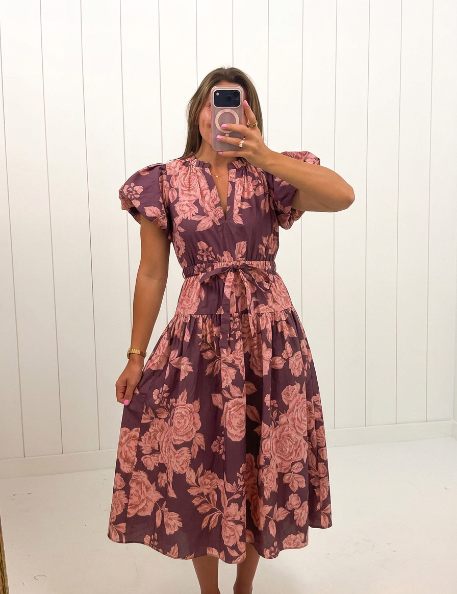 AI-assisted FASHN try-on of Purple & Pink Floral Midi Dress on boutique owner.