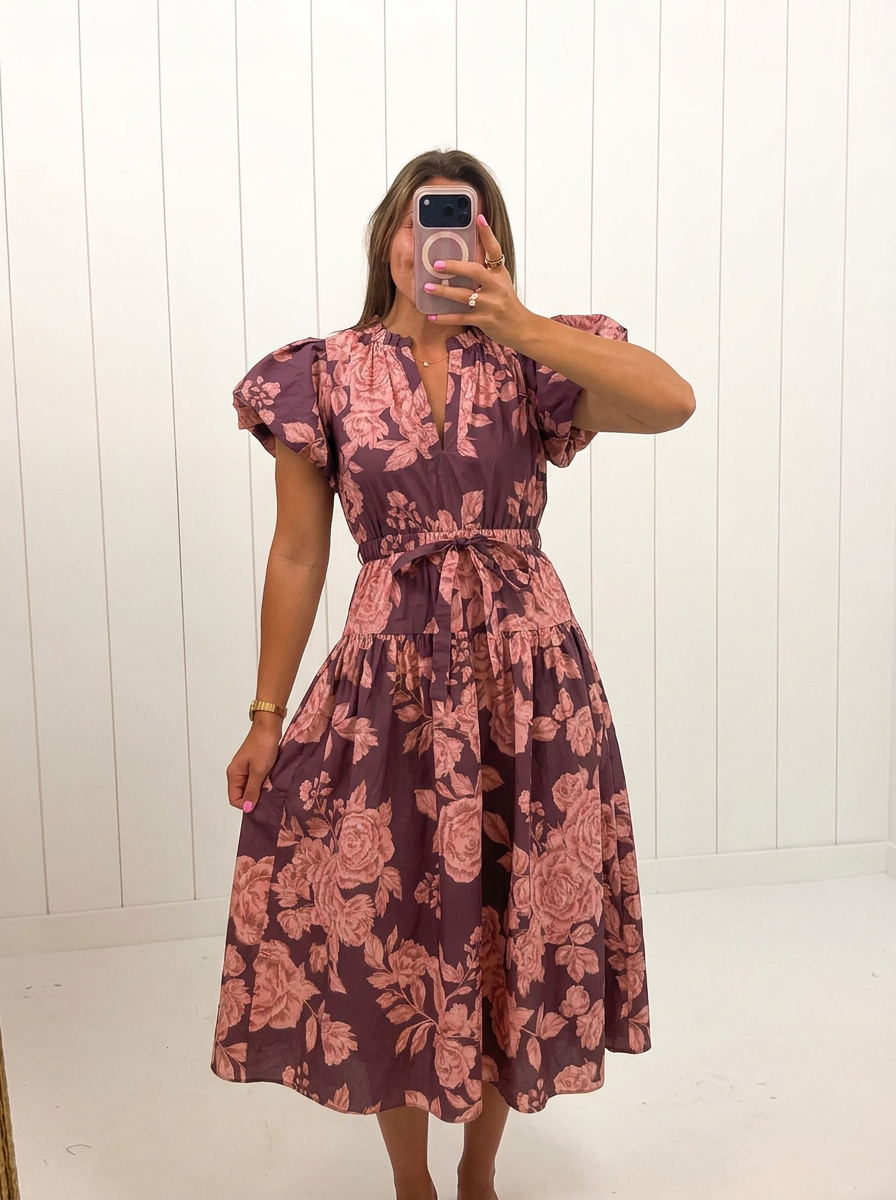 AI-assisted FASHN try-on of Purple & Pink Floral Midi Dress on boutique owner.