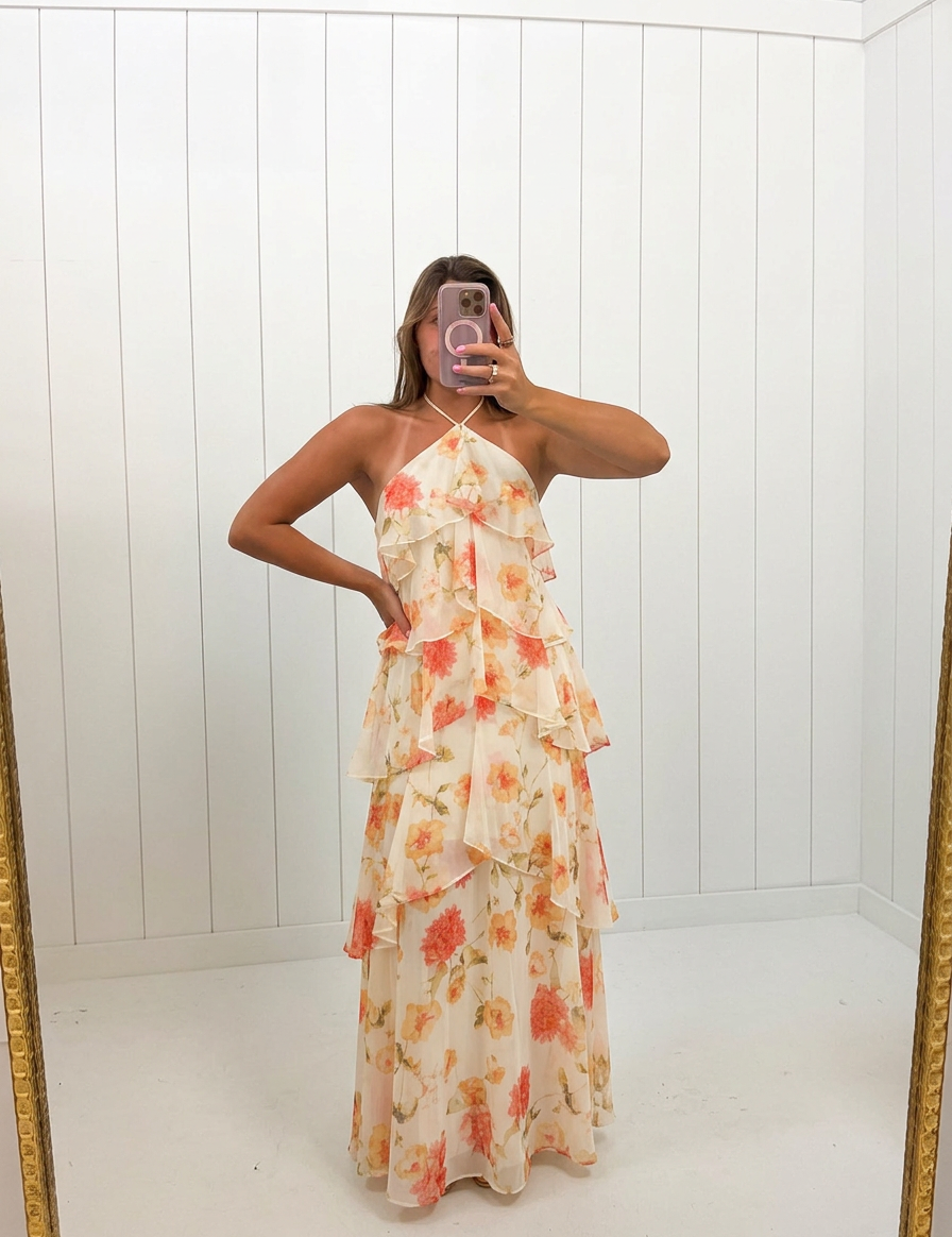 AI-assisted FASHN try-on of Orange Floral Halter Tiered Maxi Dress on boutique owner.