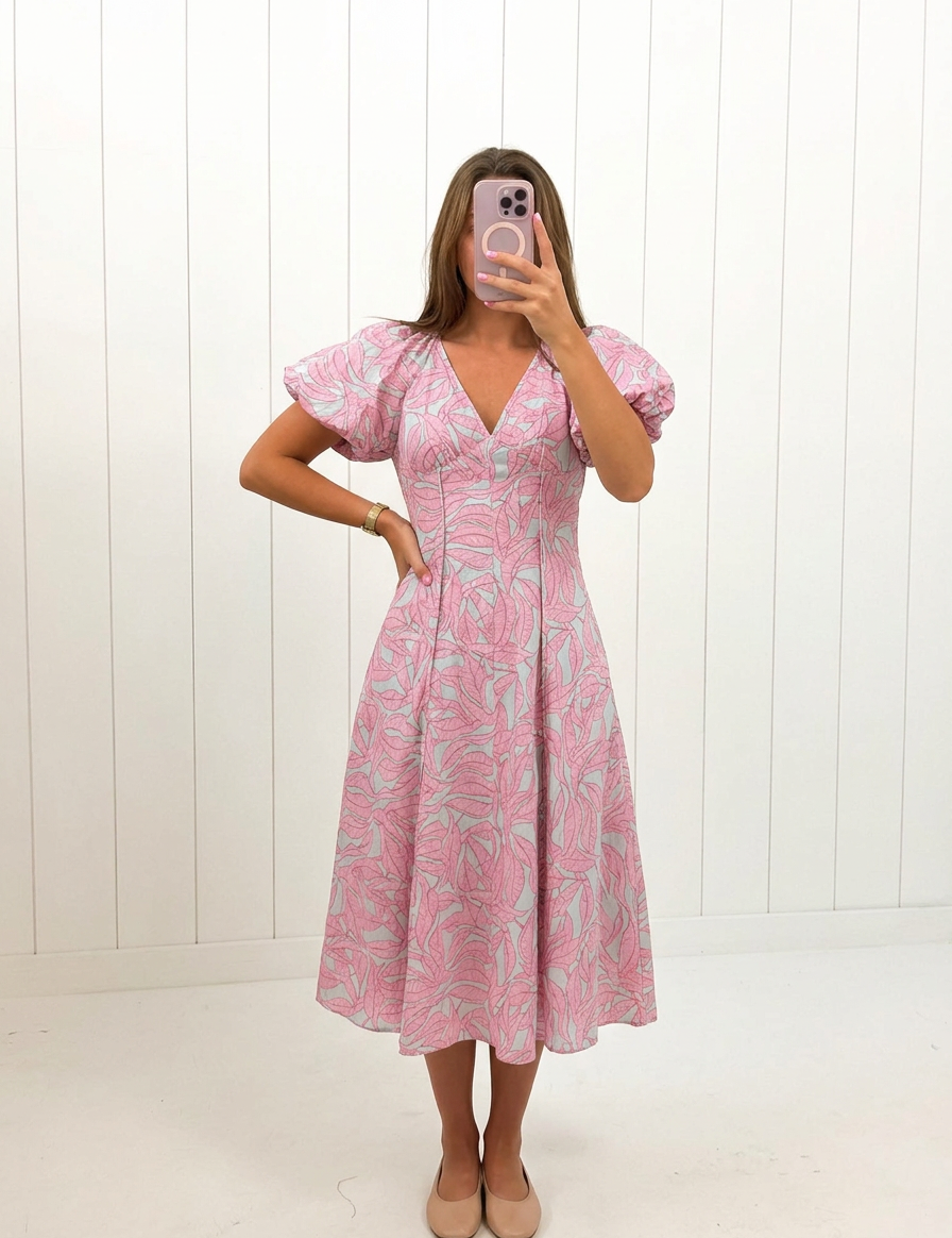 AI-assisted FASHN try-on of Pink Tropical Puff Sleeve Midi Dress on boutique owner.