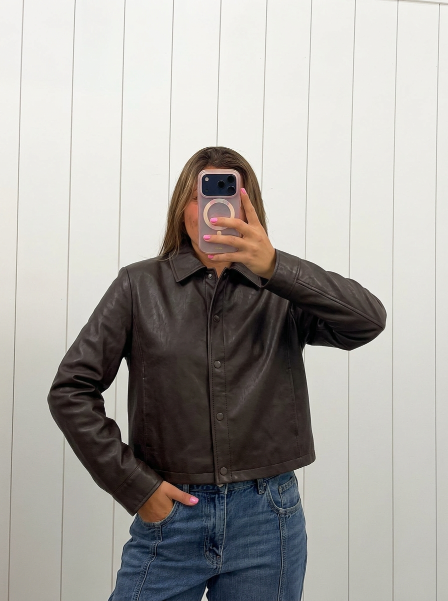 AI-assisted FASHN try-on of Espresso Button Up Leather Jacket on boutique owner.