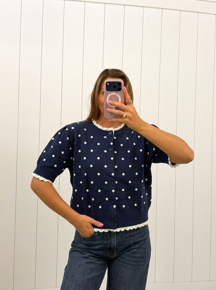 Navy Polka Dot Button Down Cardigan Top