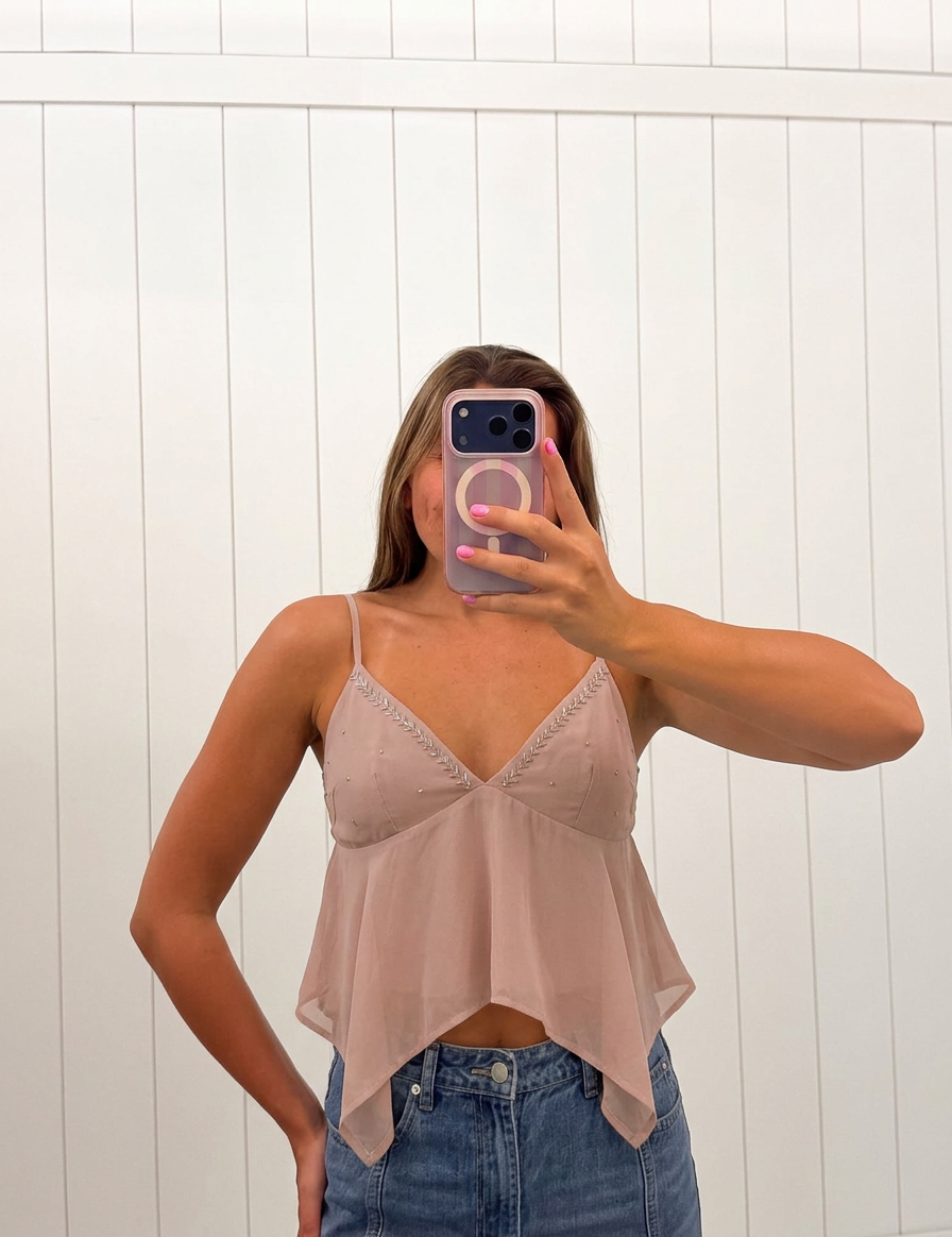 AI-assisted FASHN try-on of Bead Detail V Neck Asymmetrical Hem Babydoll Cami Top on boutique owner.