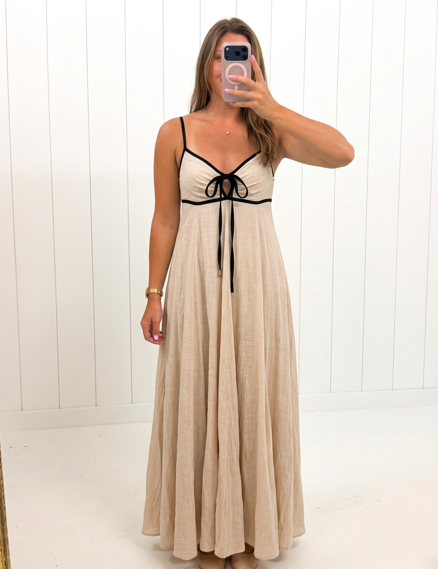 AI-assisted FASHN try-on of Beige Sian Contrast Tie Maxi Dress on boutique owner.