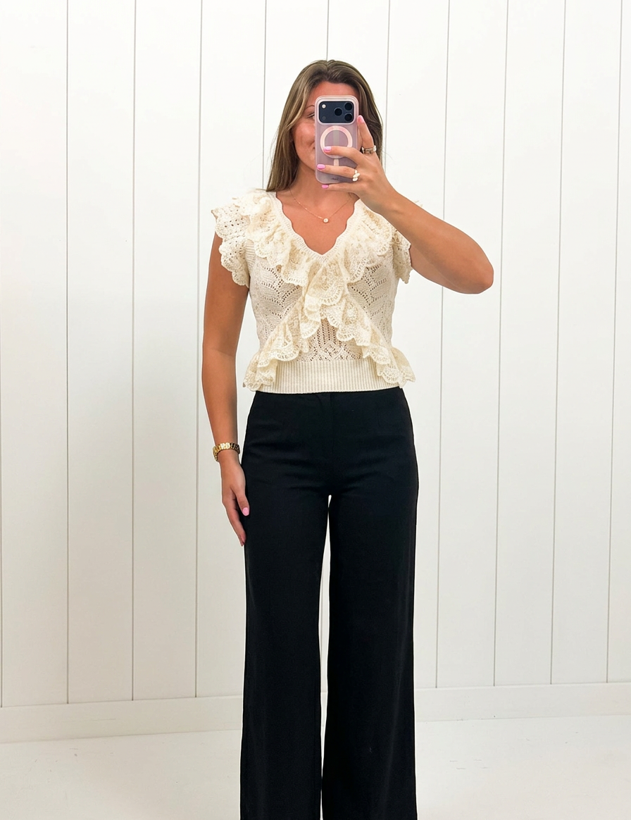 Cream Ruffle Knit Lace Top
