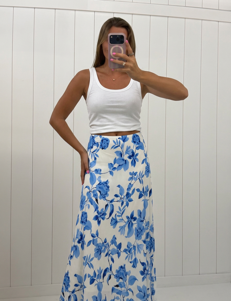AI-assisted FASHN try-on of Blue Floral Flow Maxi Skirt on boutique owner.