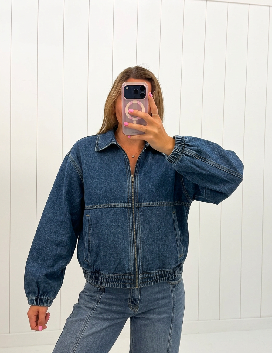 AI-assisted FASHN try-on of Denim Zip Up Jacket on boutique owner.