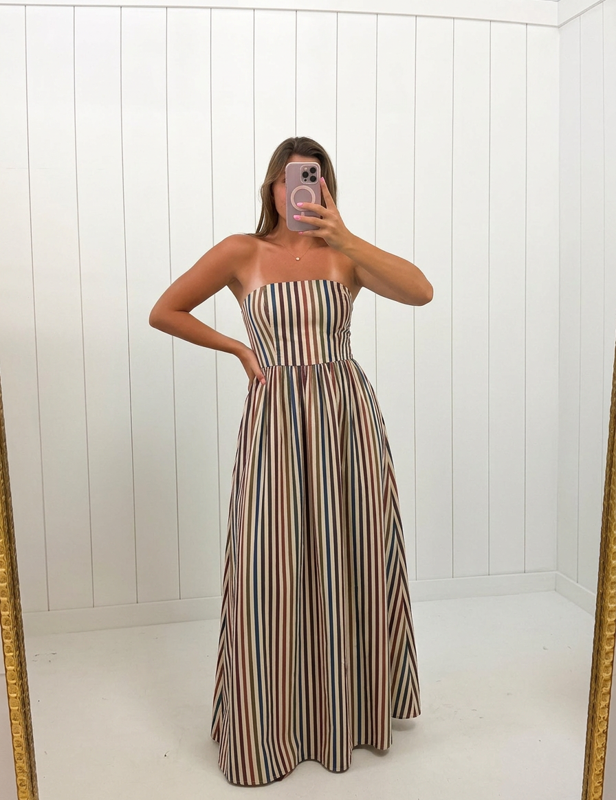 AI-assisted FASHN try-on of Multi Stripe Strapless Maxi Dress on boutique owner.