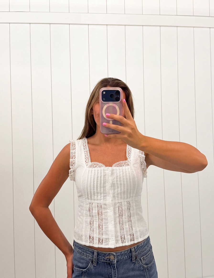 AI-assisted FASHN try-on of White Ruffle Top on boutique owner; approved September 24, 2026 redo using IMG_5187.jpeg.