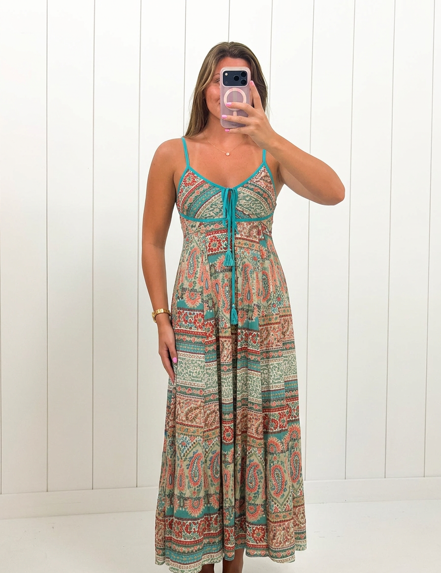 AI-assisted FASHN try-on of Contrast Printed Maxi Dress on boutique owner.