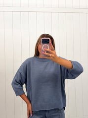 Blue Drop Shoulder Short Sleeve Pullover