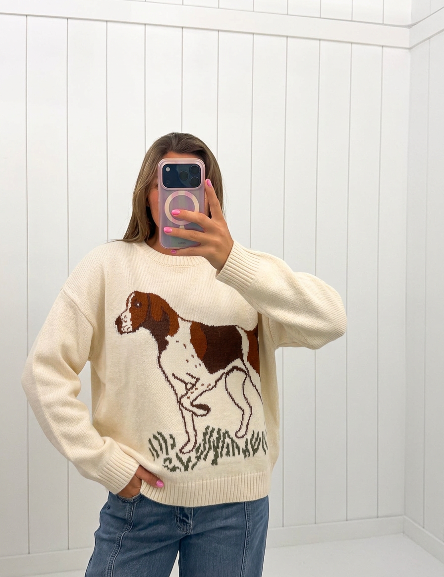 AI-assisted FASHN try-on of Beagle Graphic Sweater on boutique owner.