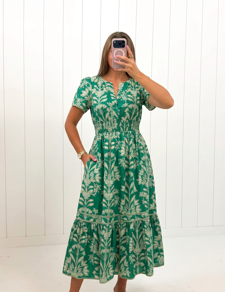 AI-assisted FASHN try-on of Green Smocked Midi Floral Dress on boutique owner.
