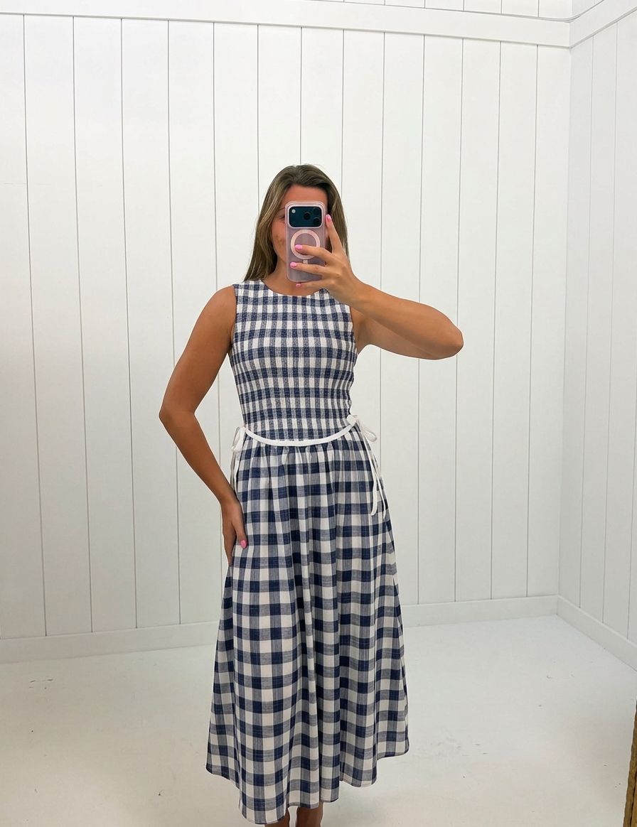 AI-assisted FASHN try-on of Gingham Sleeveless Midi Dress on boutique owner.