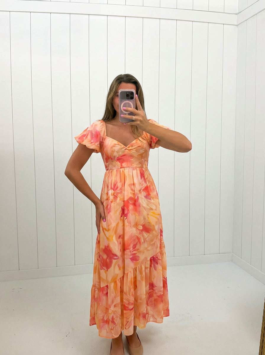 AI-assisted FASHN try-on of Coral Floral Print Tiered Sweetheart Maxi on boutique owner.