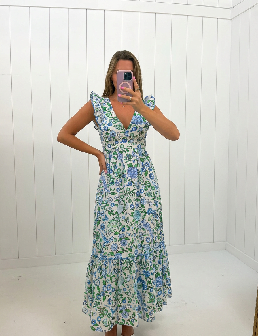 AI-assisted FASHN try-on of Mawar Ruffle Maxi Dress Gianne Floral on boutique owner.