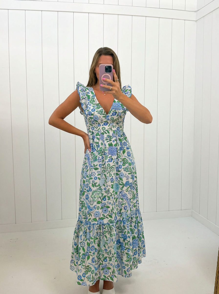AI-assisted FASHN try-on of Mawar Ruffle Maxi Dress Gianne Floral on boutique owner.