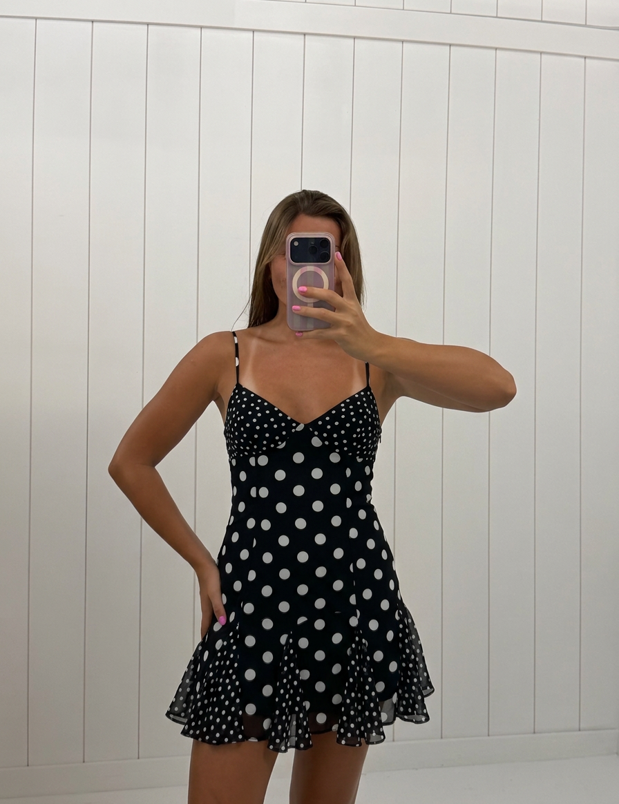AI-assisted FASHN try-on of Black Polka Dot Mini Dress on boutique owner.