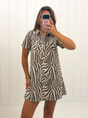 AI-assisted FASHN try-on of Zebra Print Button Collared Mini Dress on boutique owner.