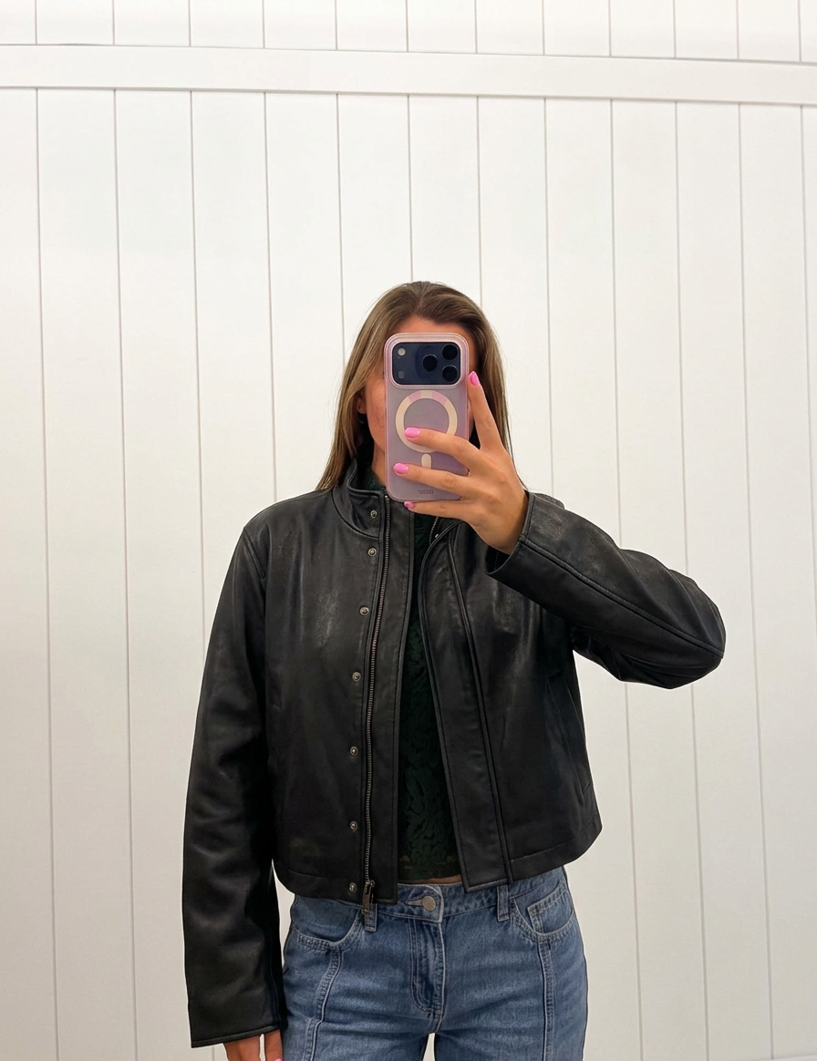AI-assisted FASHN try-on of Black Collar Snap Button Leather Jacket on boutique owner.