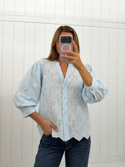 AI-assisted FASHN try-on of Blue Embroidered Eyelet Blouse on boutique owner.