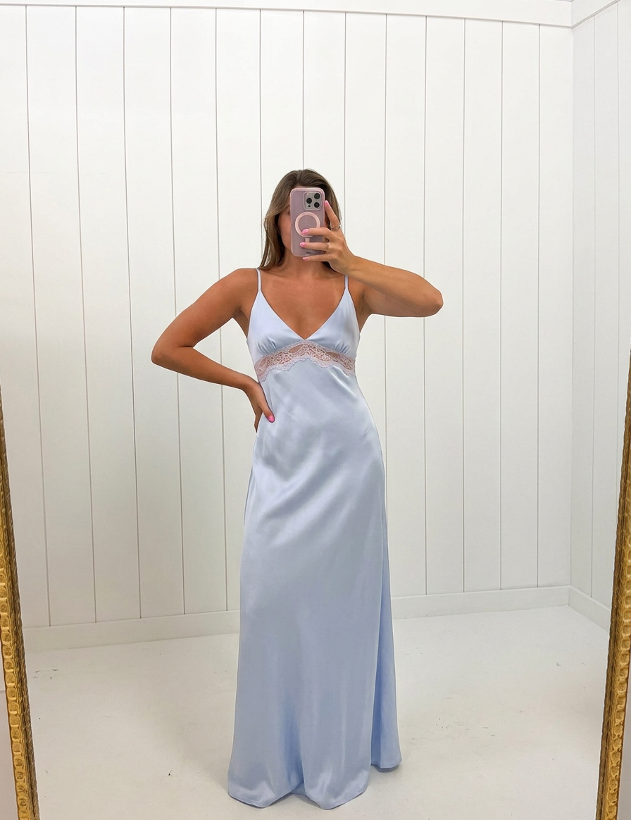 AI-assisted FASHN try-on of Light Blue Satin Lace Maxi Dress on boutique owner.