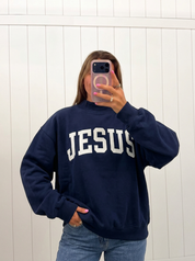 AI-assisted FASHN try-on of Navy Jesus Mockneck, navy side; approved September 25, 2026.