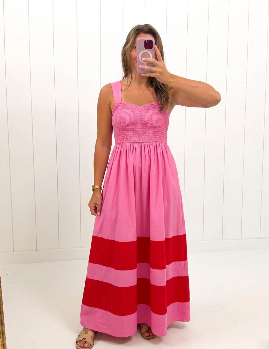 AI-assisted FASHN try-on of Pink Smocked Contrast Maxi Dress on boutique owner.