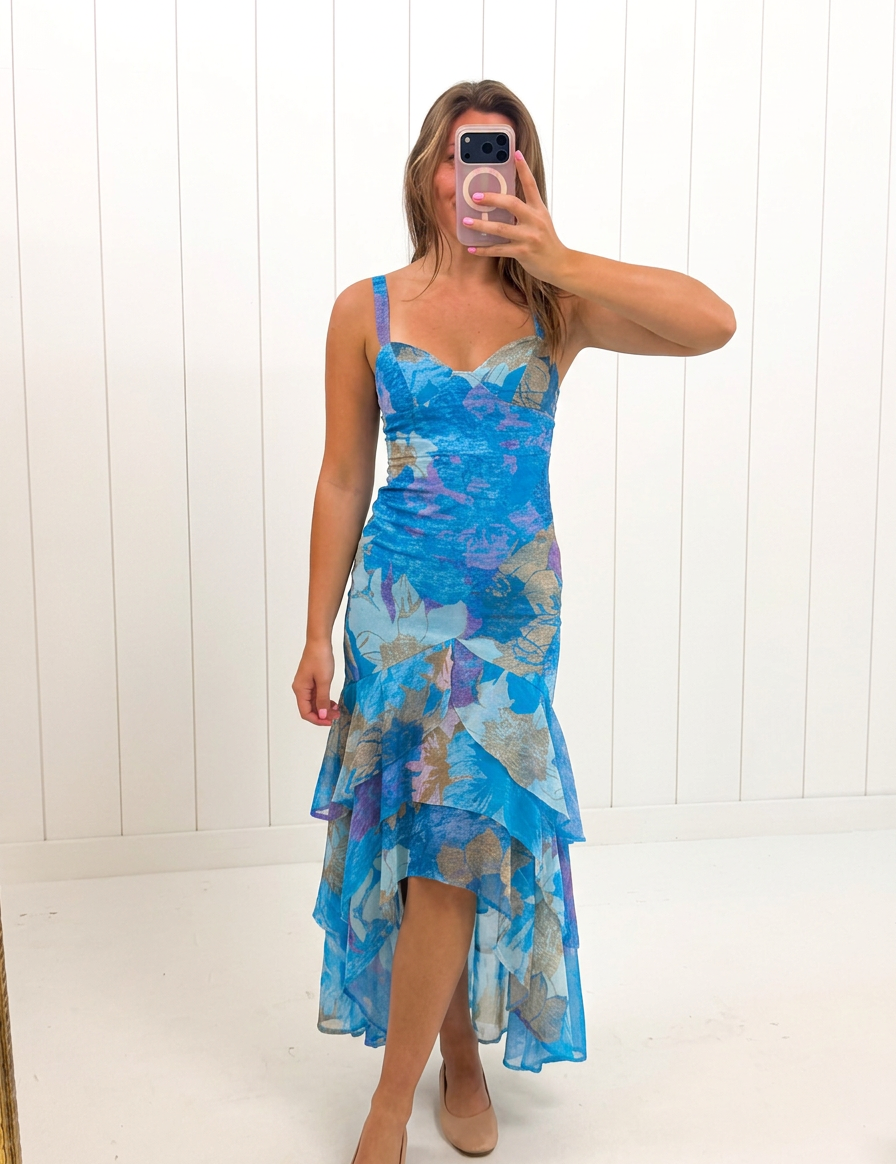AI-assisted FASHN try-on of Blue Sweetheart Tiered Midi Dress on boutique owner.