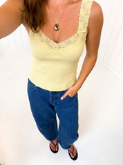 Yellow Fallen For Lace Tank styled with blue jeans