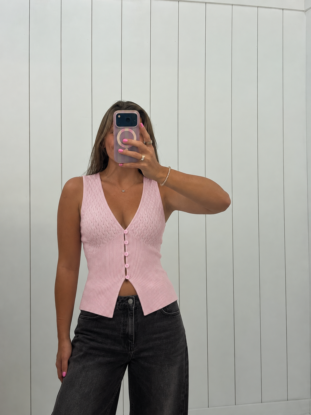 AI-styled preview of Light Pink Pointelle Top with black jeans