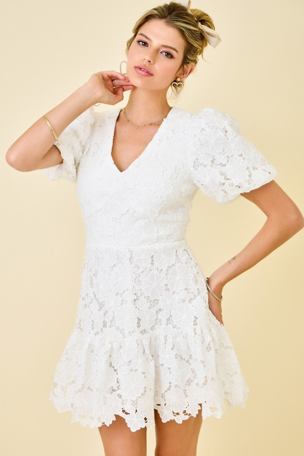 White Floral Lace Mini Dress