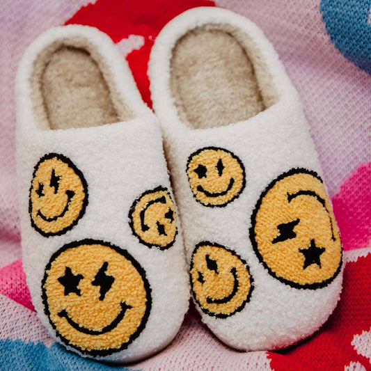 Star and Lightning Eyes Happy Faces Slippers: White